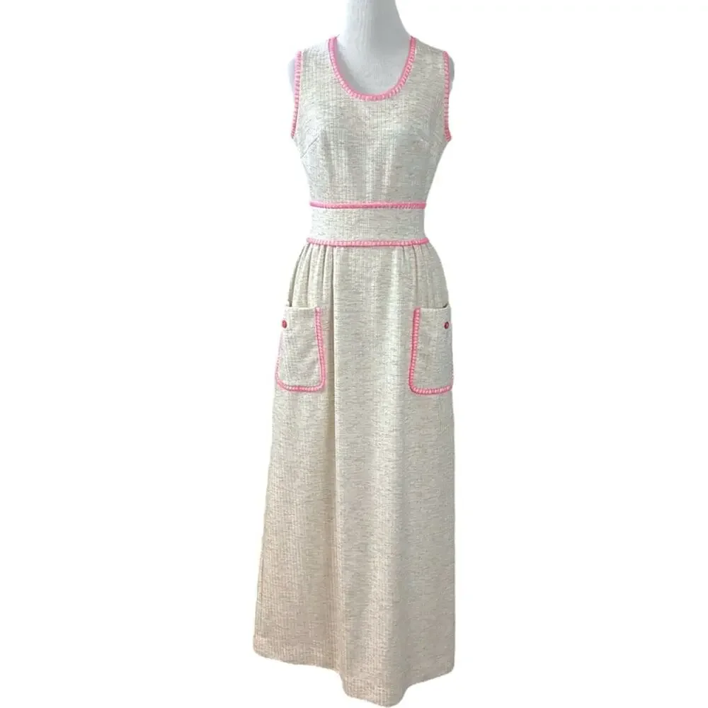 Vintage 60s 70s Shady Lane Sleeveless Cream Maxi Dress Spring Mod USA Size Small - Picture 2 of 12